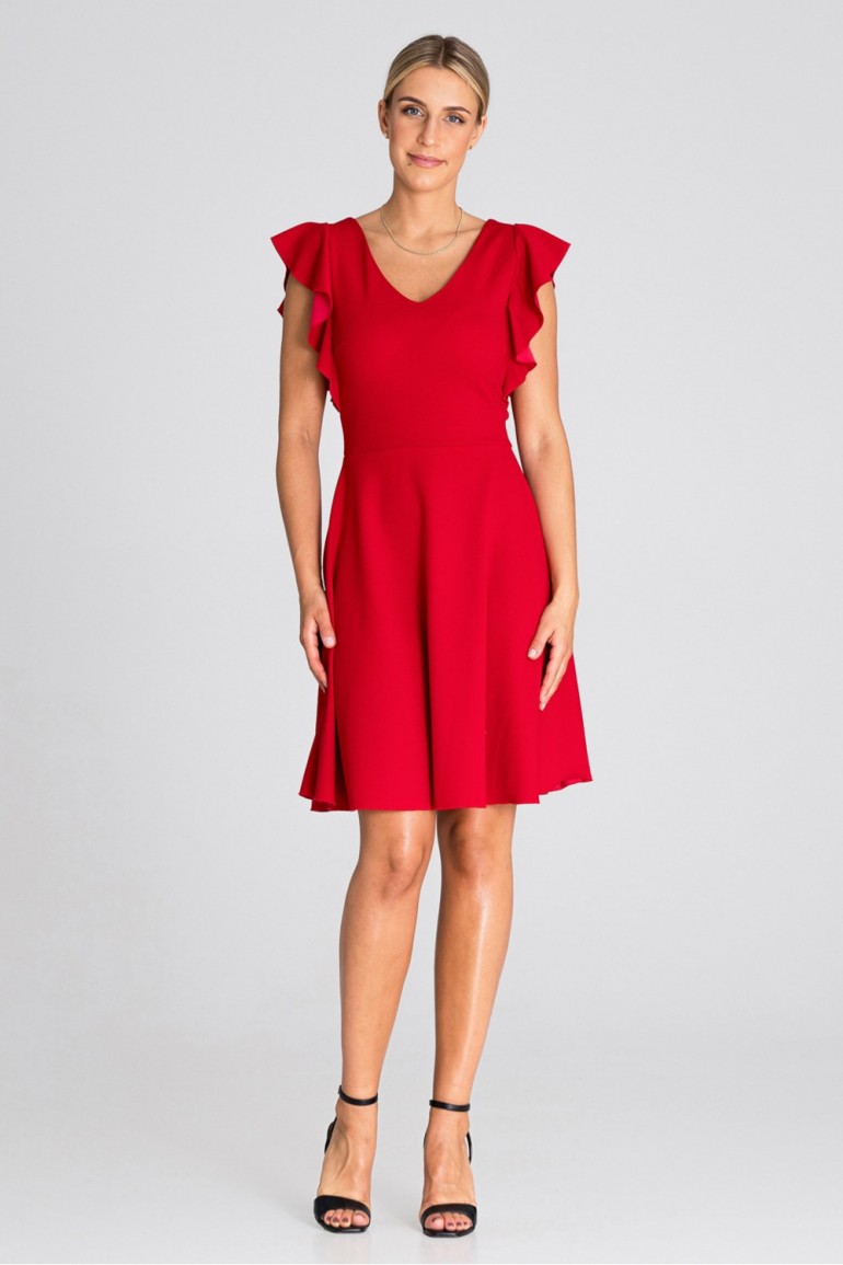 CM7486 Sukienka mini z falbankami przy rękawach - czerwona