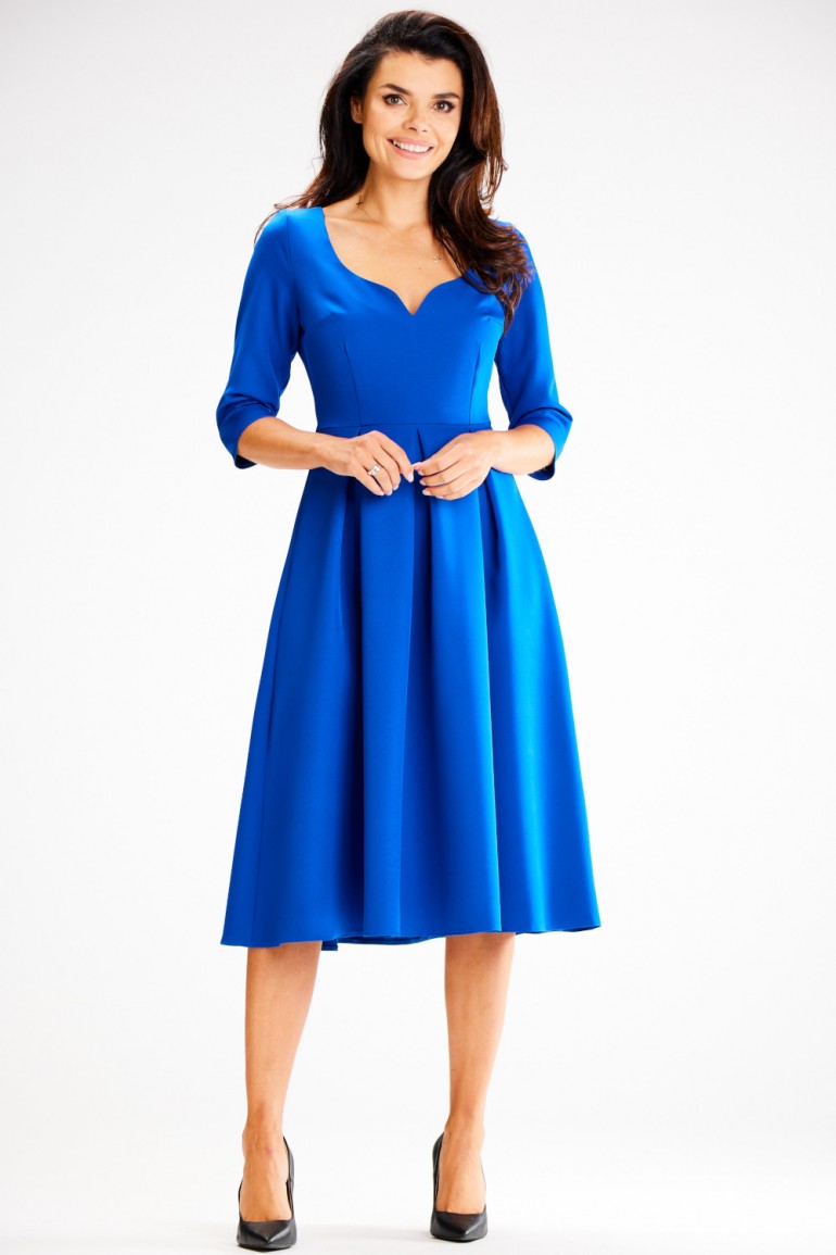 CM7501 Rozkloszowana sukienka z kontrafałdami - niebieska