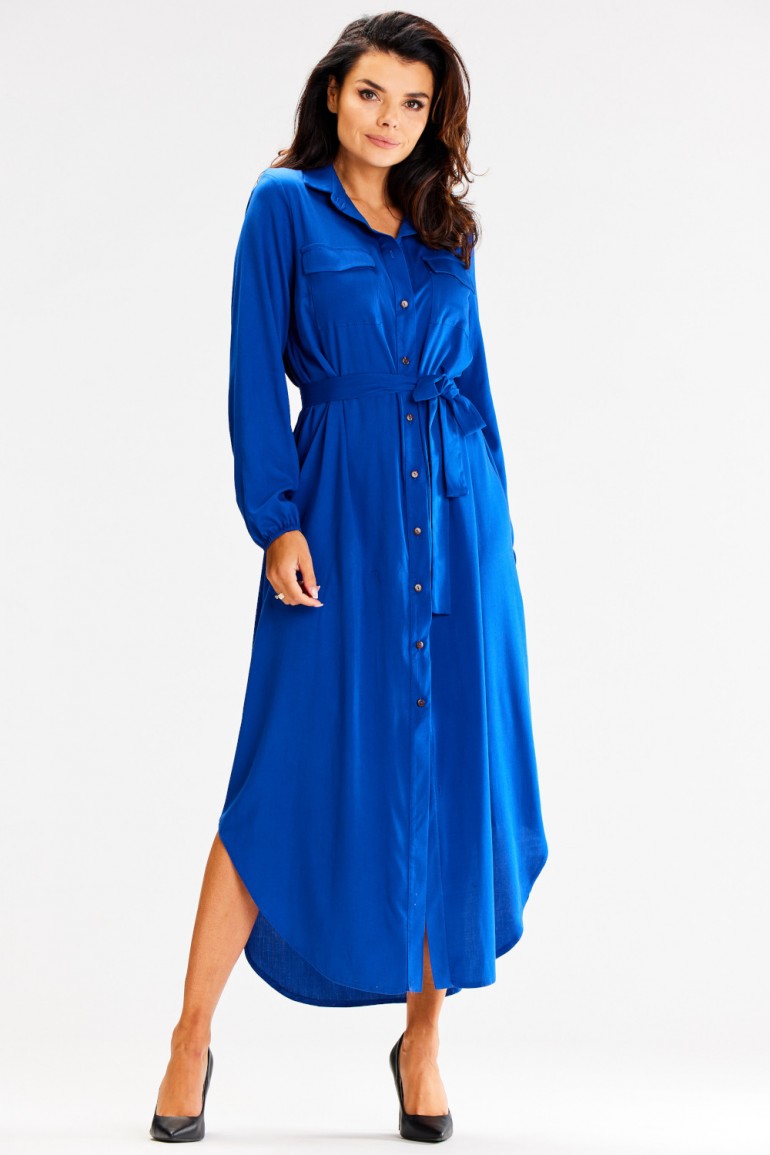 CM7504 Sukienka koszulowa midi z kołnierzykiem - niebieska