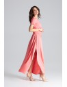 Długa sukienka maxi z krótkim rękawem - koralowa