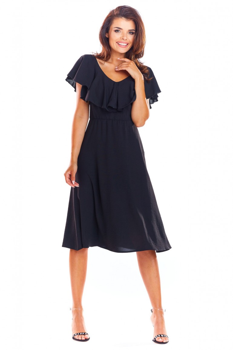 CM4503 Elegancka sukienka midi z falbaną - czarna