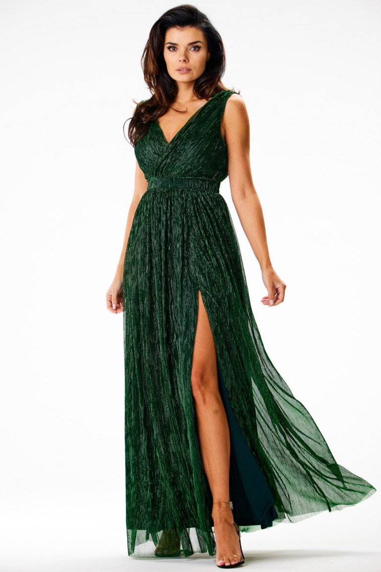 CM7703 Sukienka maxi z kopertowym dekoltem - zielona