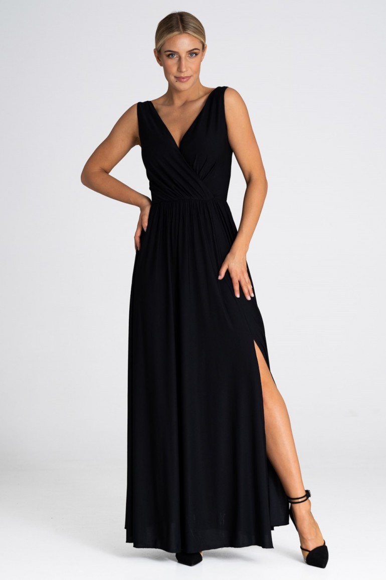 CM7778 Elegancka sukienka maxi z dekoltem V - czarna