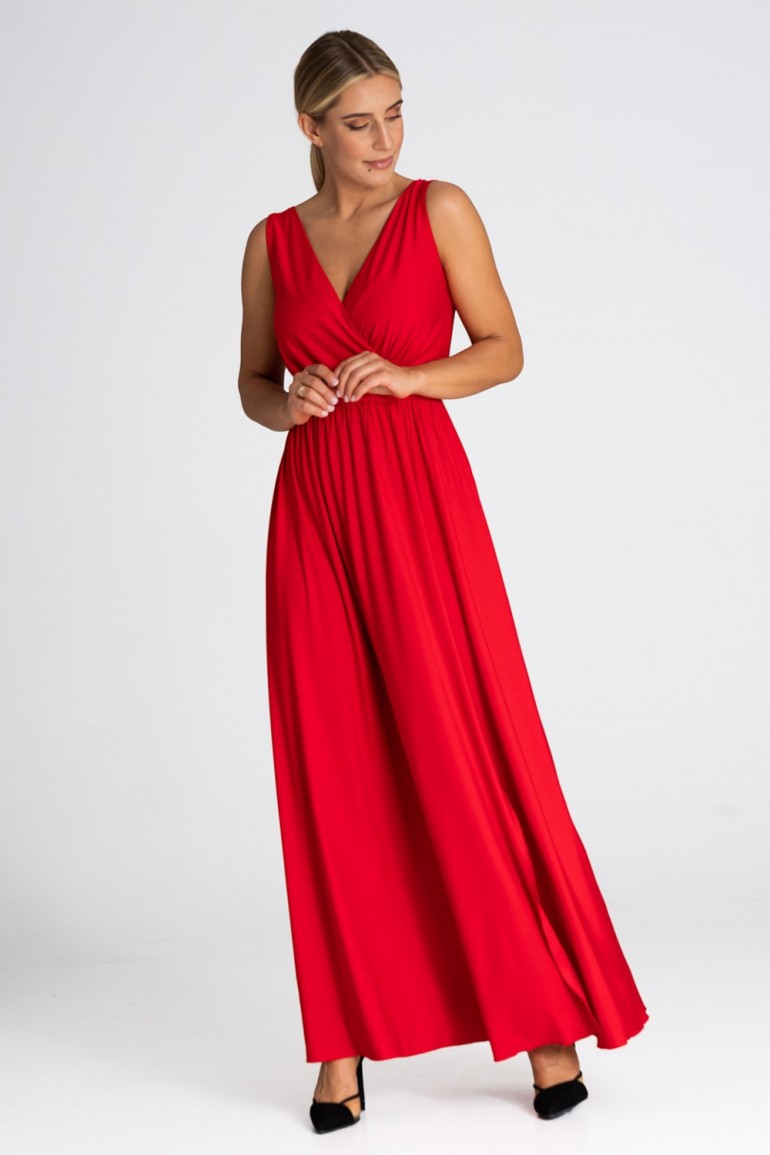 CM7778 Elegancka sukienka maxi z dekoltem V - czerwona