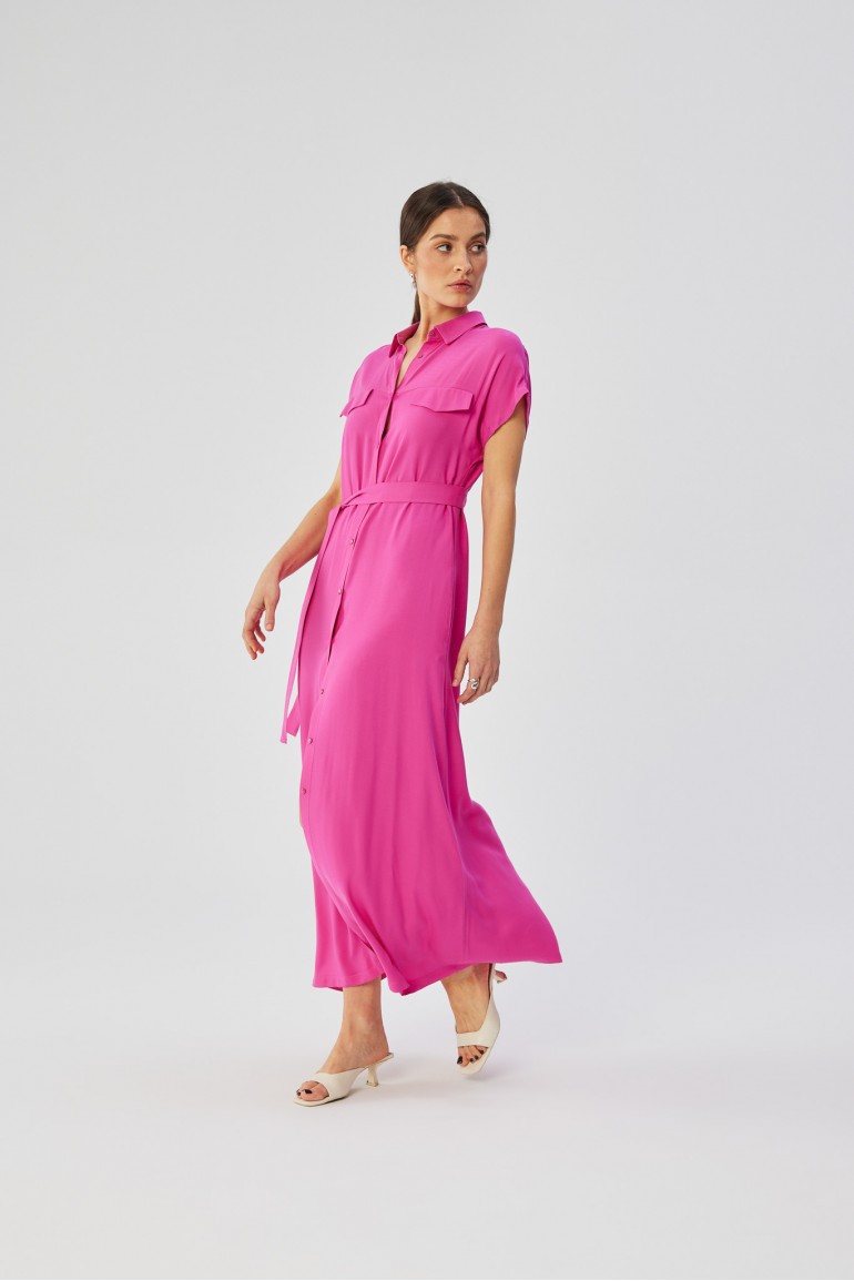 CM8056 Wiskozowa sukienka maxi rozpinana z krótkimi rękawami - liliowa