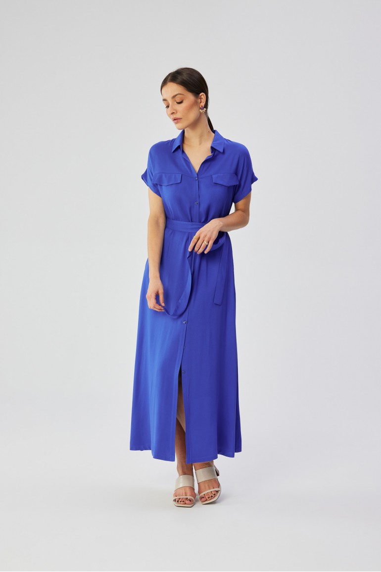CM8056 Wiskozowa sukienka maxi rozpinana z krótkimi rękawami - niebieska