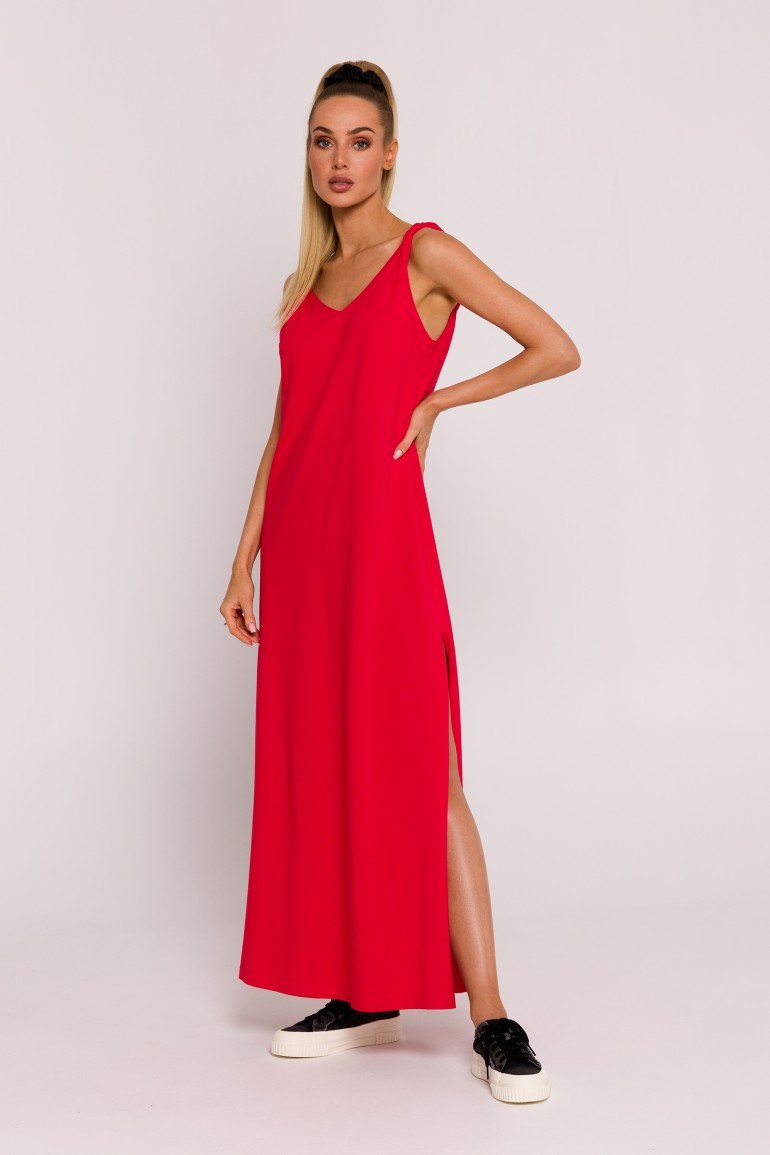 CM8077 Sukienka maxi z głębokim dekoltem na plecach - czerwona