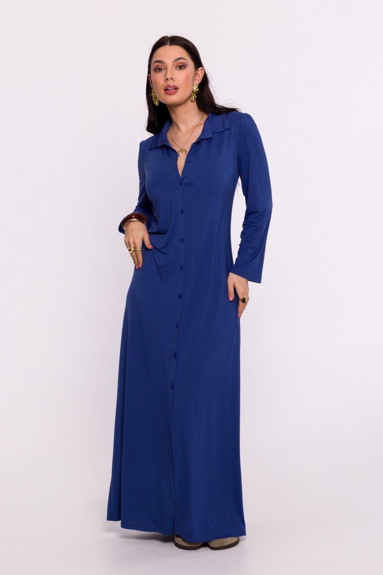 CM8086 Wiskozowa sukienka maxi zapinana na guziki - niebieska