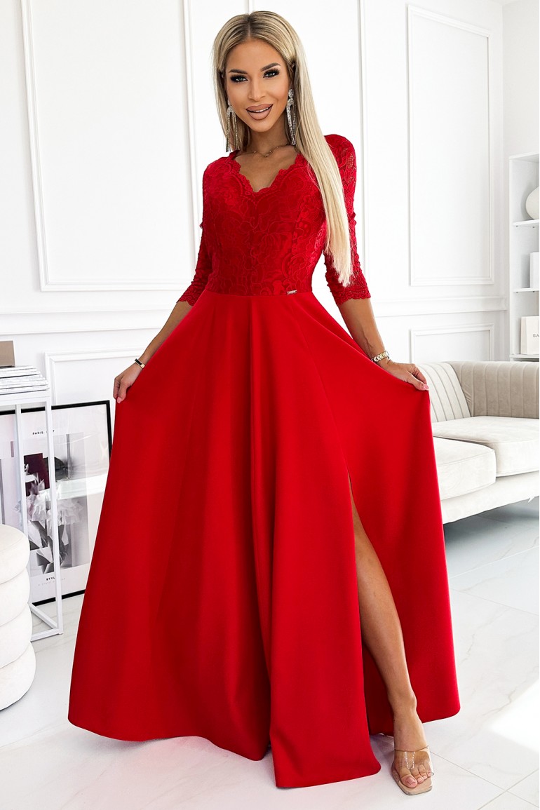 CM7875 Sukienka maxi z rozcięciem na nogę i dekoltem V - czerwona