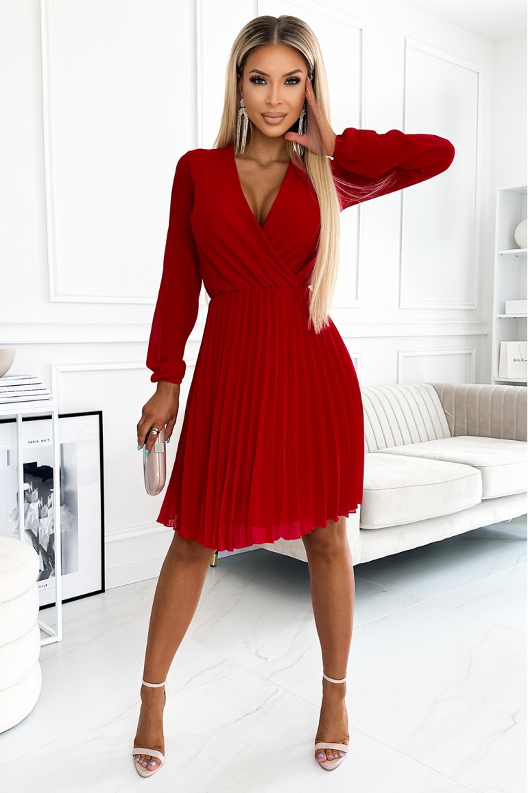 CM7886 Plisowana sukienka z długim rękawem - czerwona