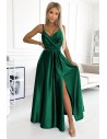 Długa satynowa sukienka z rozcięciem na nogę - butelkowa zieleń