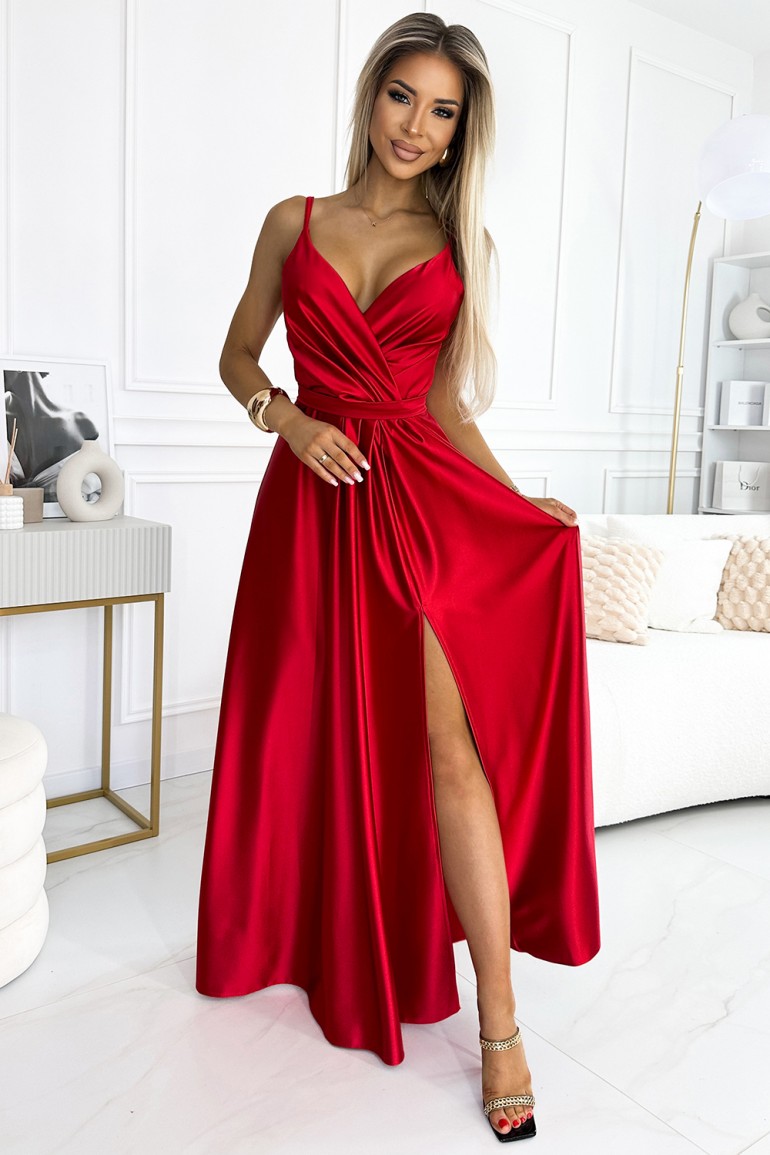 CM7898 Długa satynowa sukienka z rozcięciem na nogę - czerwona