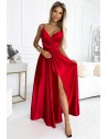 Długa satynowa sukienka z rozcięciem na nogę - czerwona