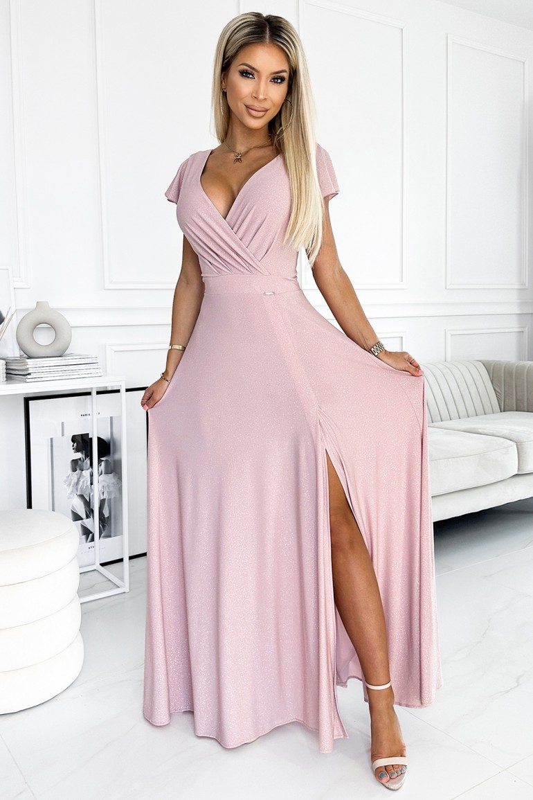 CM7901 Długa sukienka maxi z kopertowym dekoltem - brudno-różowa