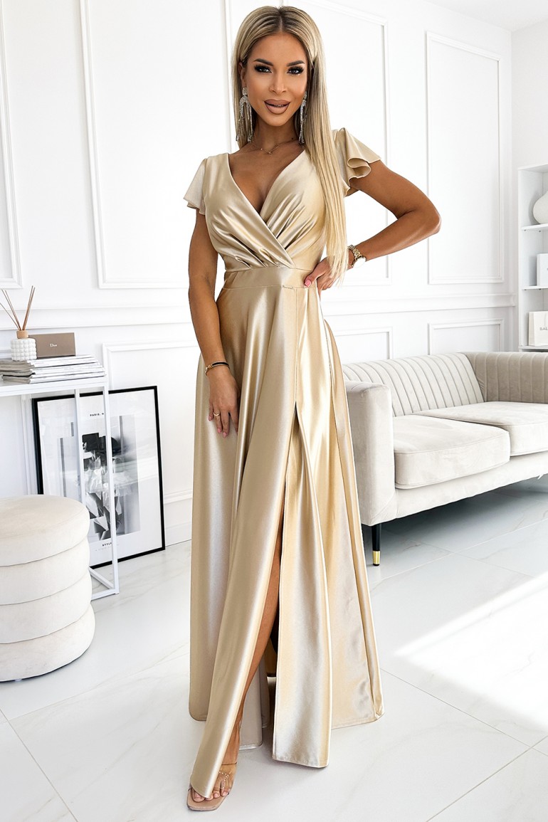 CM7901 Długa sukienka maxi z kopertowym dekoltem - złota