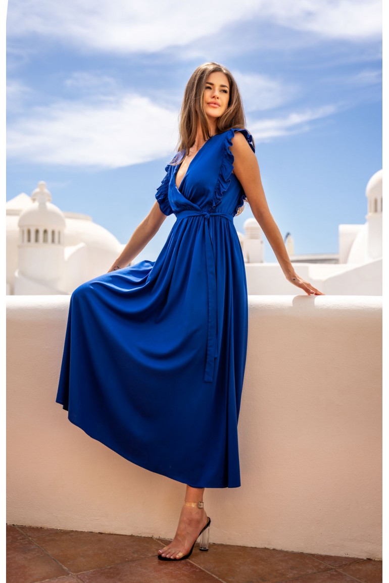 CM7911 Sukienka maxi z kopertowym dekoltem - niebieska