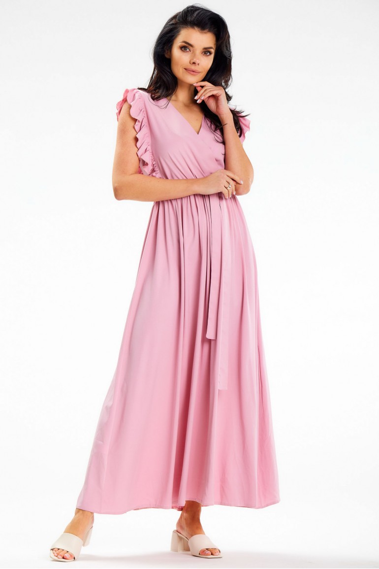 CM7911 Sukienka maxi z kopertowym dekoltem - brudno-różowa