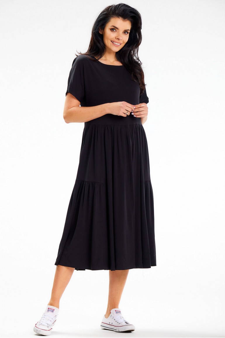 CM7912 Luźna sukienka midi z krótkim rękawem - czarna