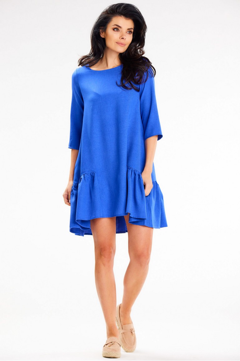 CM7921 Luźna sukienka mini z falbaną na dole - niebieska
