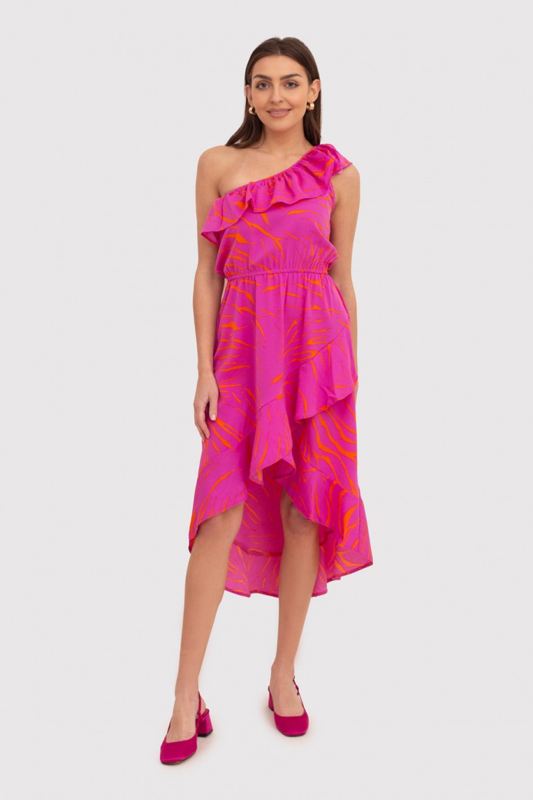 CM7932 Sukienka na jedno ramię z falbaną - różowa