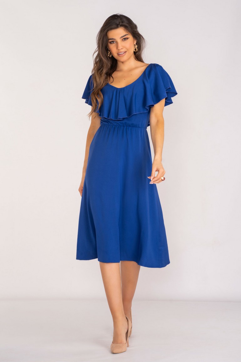 CM7955 Elegancka sukienka z falbanką - niebieska