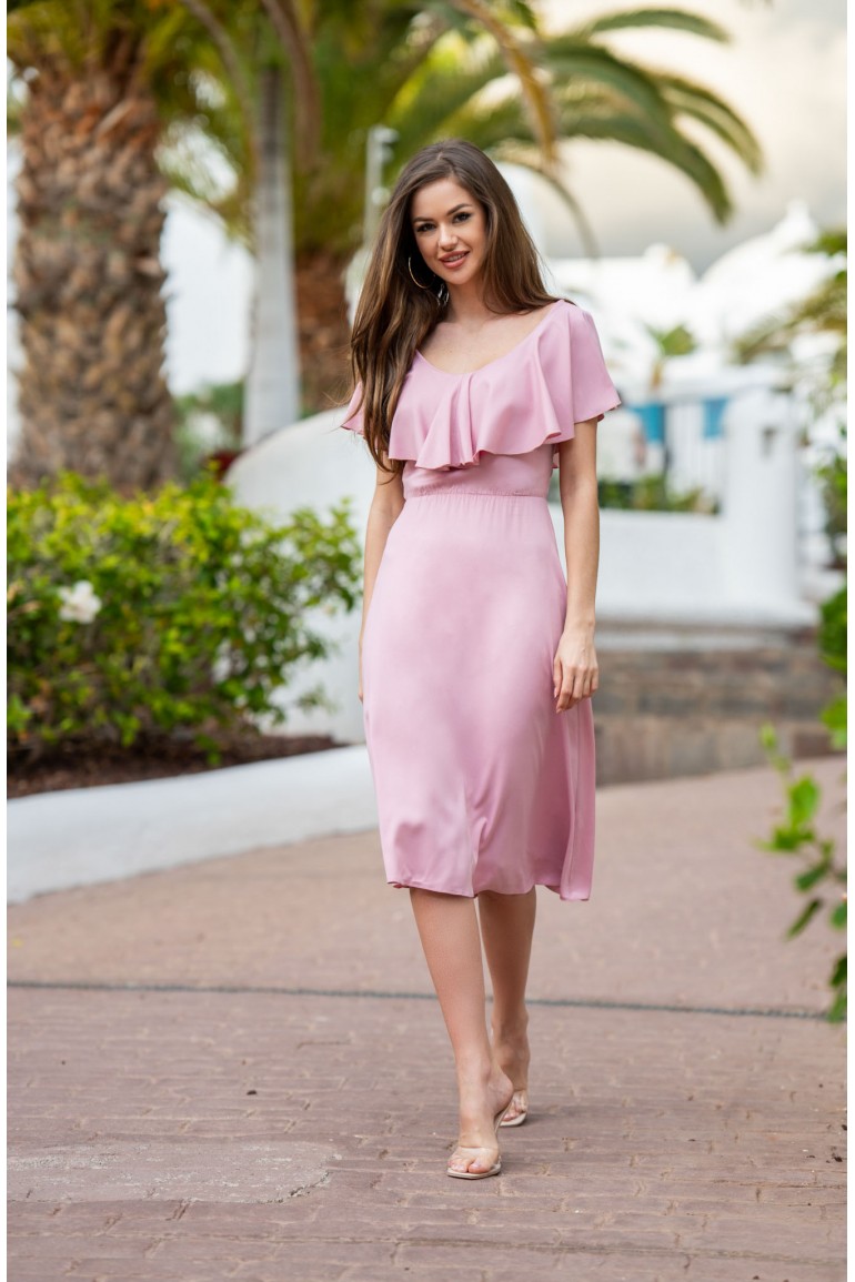 CM7955 Elegancka sukienka z falbanką - brudno-różowa