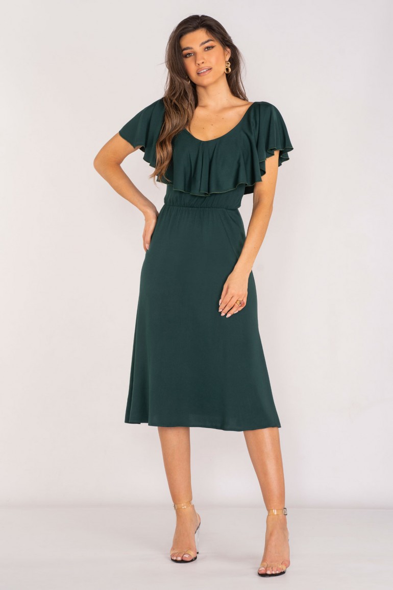 CM7955 Elegancka sukienka z falbanką - butelkowa zieleń