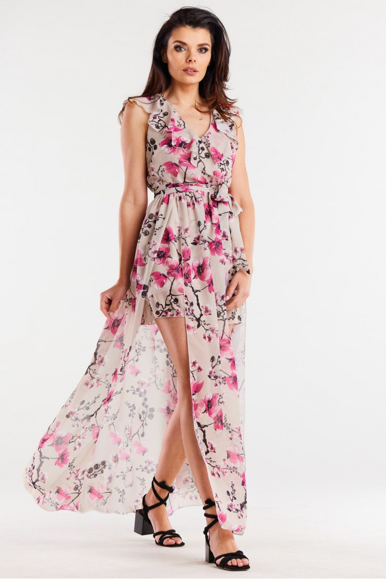 CM7960 Szyfonowa sukienka z wiązaniem w pasie - kwiaty wiśni