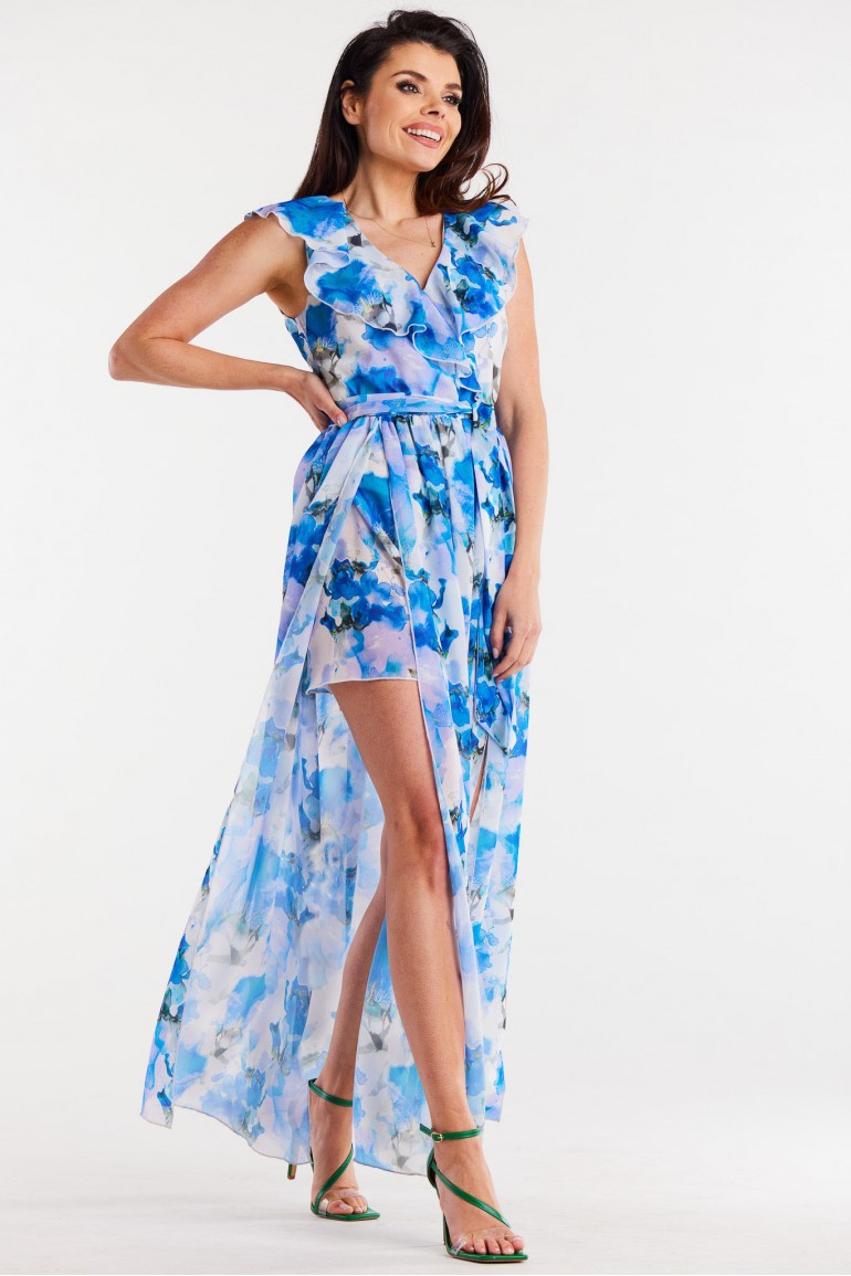 CM7960 Szyfonowa sukienka z wiązaniem w pasie - niebieska