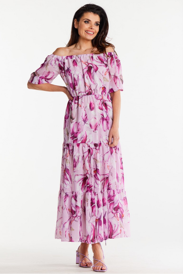 CM7962 Długa sukienka szyfonowa z gumką w pasie - magnolia