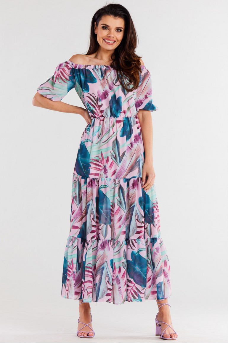 CM7962 Długa sukienka szyfonowa z gumką w pasie - tropikalna