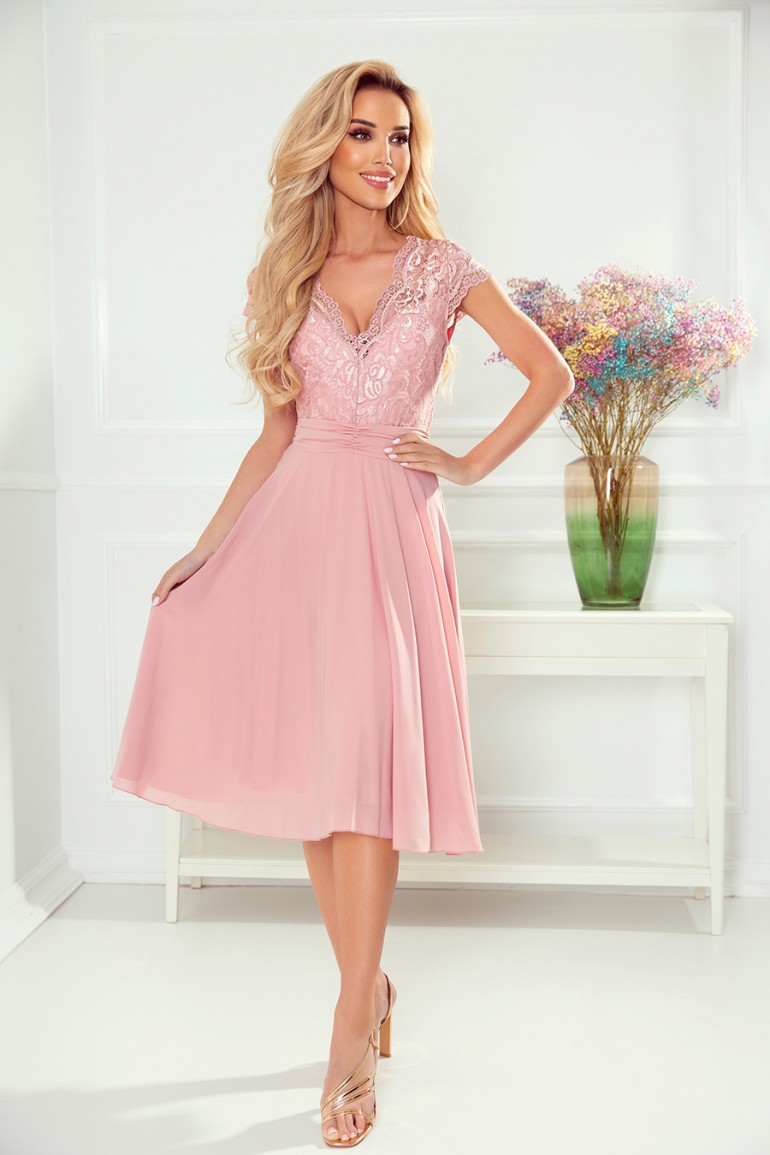 CM7991 Sukienka z koronkowym dekoltem - brudno-różowa