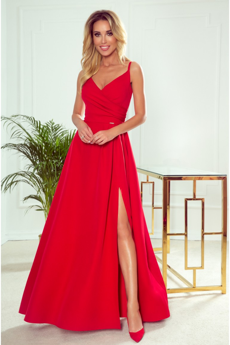 CM8016 Elegancka sukienka maxi na ramiączkach - czerwona