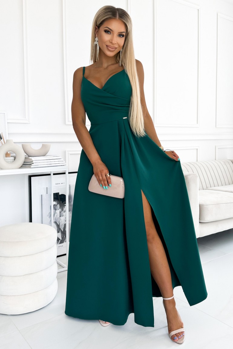 CM8016 Elegancka sukienka maxi na ramiączkach - zielona