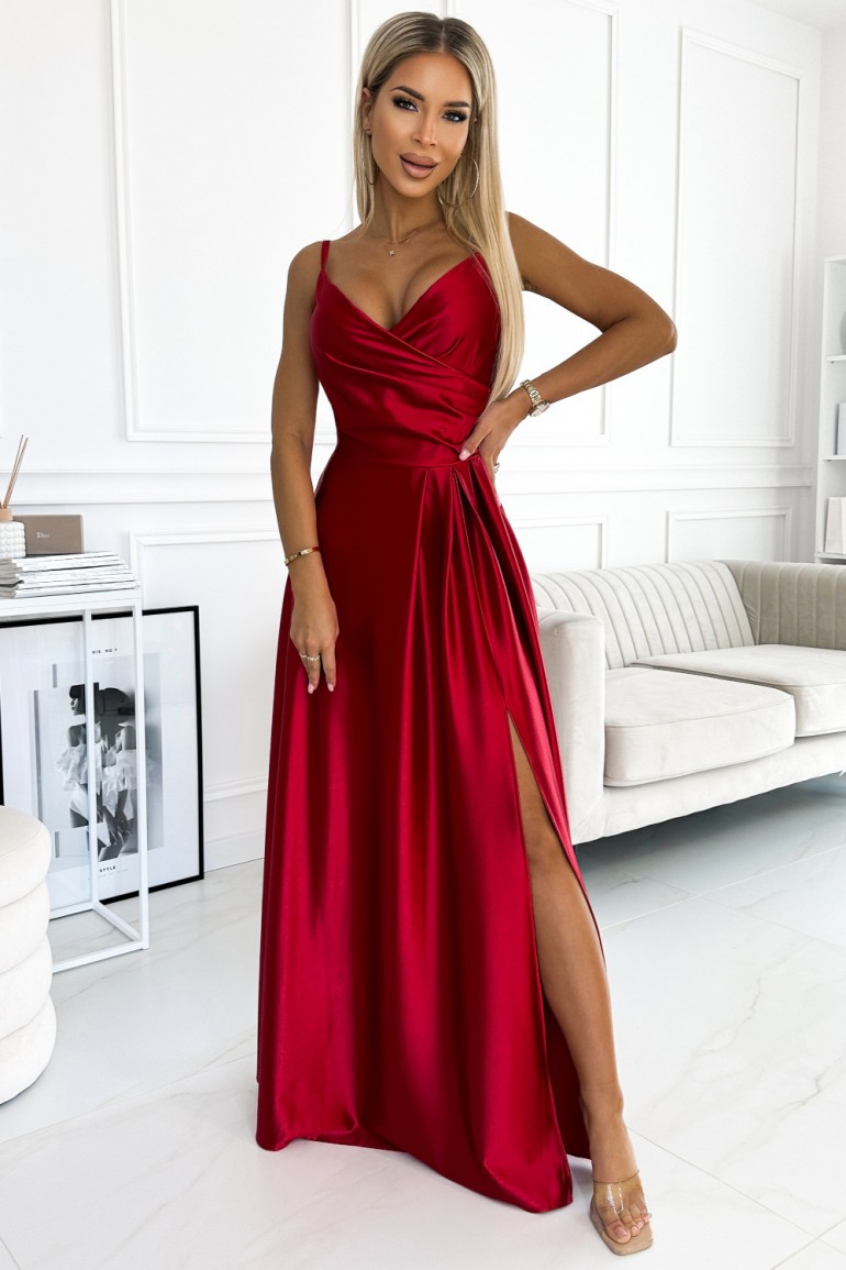 CM8016 Elegancka sukienka maxi na ramiączkach - czerwona satynowa