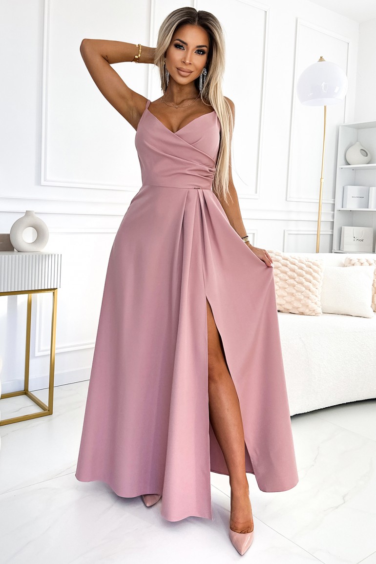 CM8016 Elegancka sukienka maxi na ramiączkach - brudno-różowa
