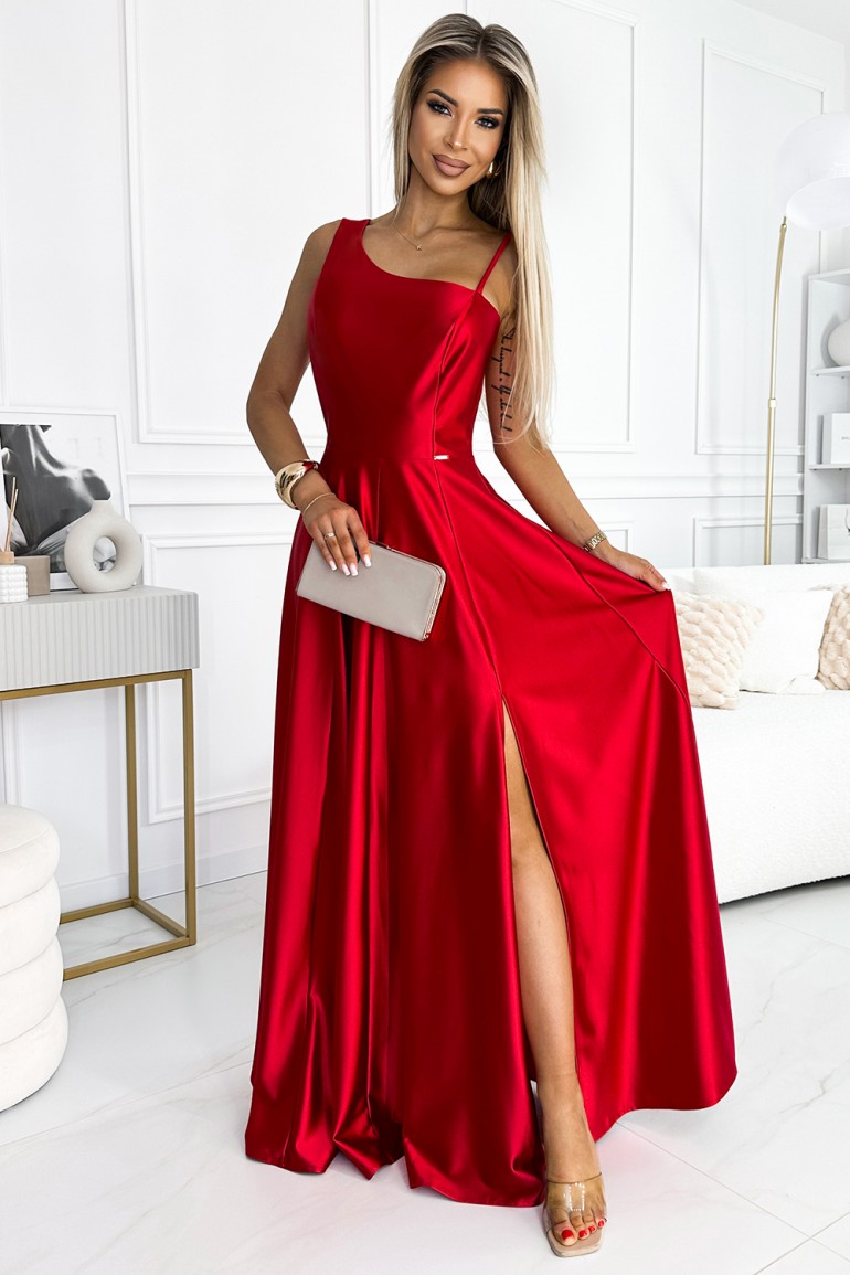 CM8021 Satynowa sukienka maxi na jedno ramię - czerwona