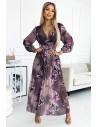 Plisowana szyfonowa sukienka maxi - fioletowe duże kwiaty