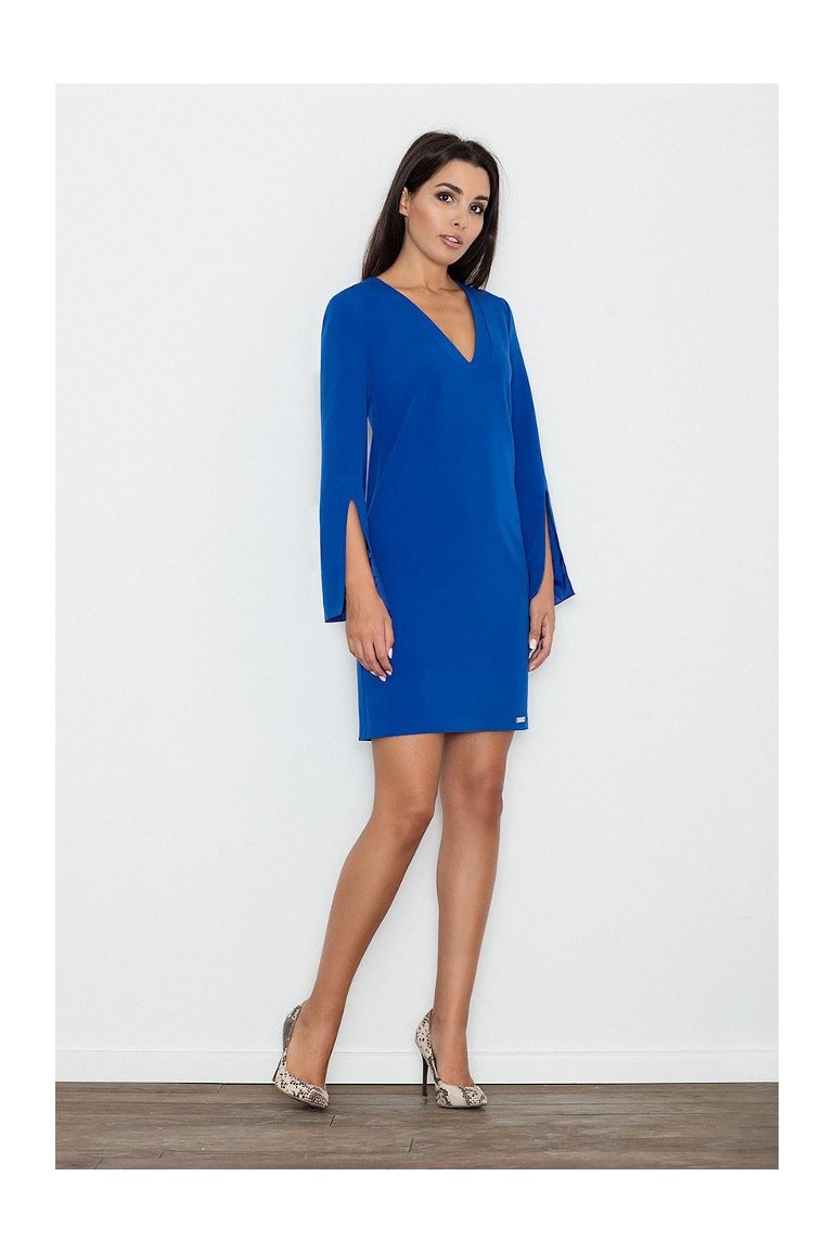 CM3234 Elegancka sukienka z rozciętymi rękawami - niebieska