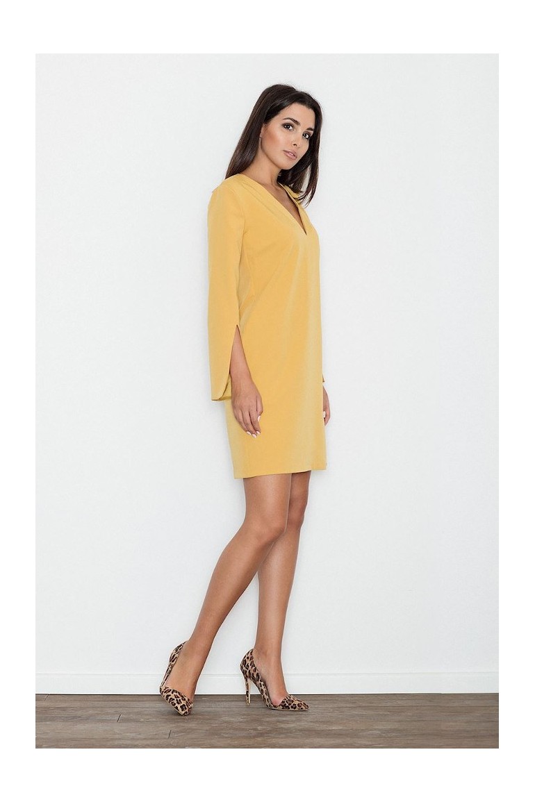 CM3234 Elegancka sukienka z rozciętymi rękawami - żółta