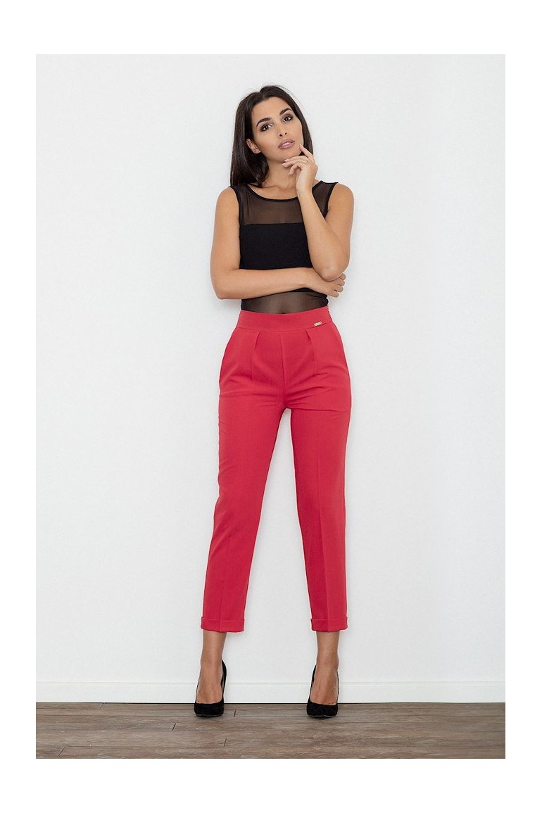 CM3236 Klasyczne spodnie damskie z mankietem - czerwone
