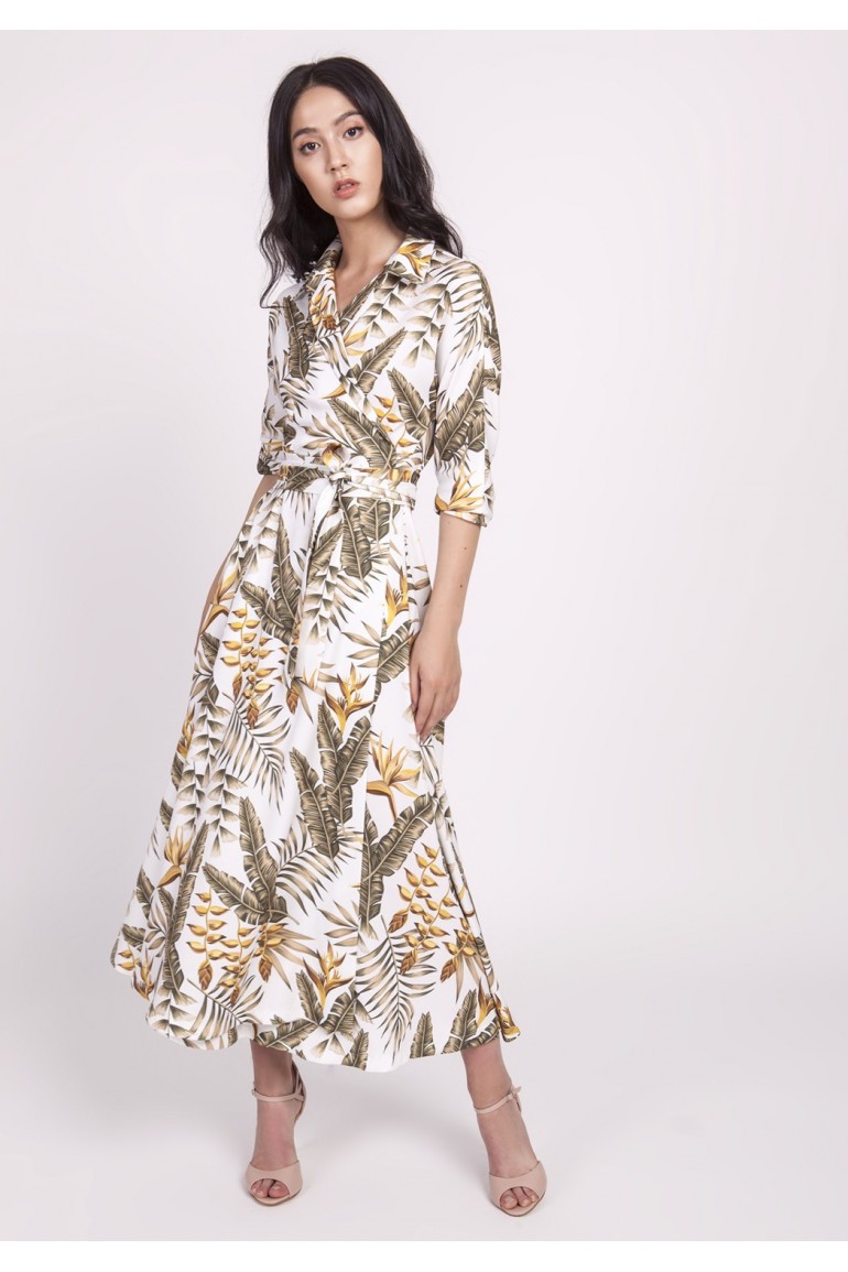 CM4659 Kopertowa sukienka maxi podkreślająca talię - ecru