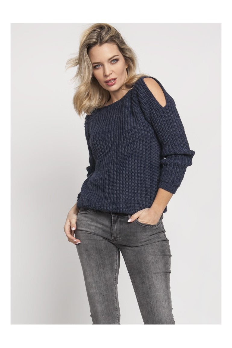 CM4673 Raglanowy sweter z wycięciami na rękawach - jeansowy