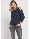 Raglanowy sweter z wycięciami na rękawach - jeansowy
