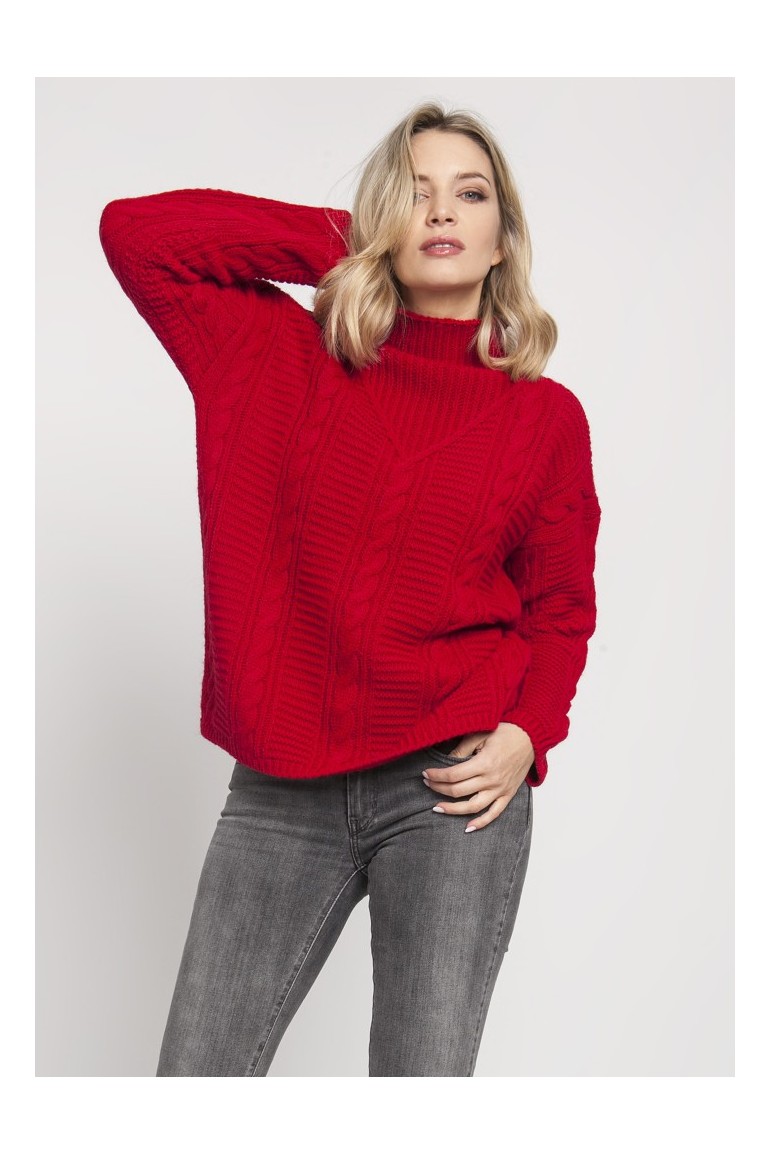 CM4674 Dzianinowy sweter z golfem oversize - czerwony