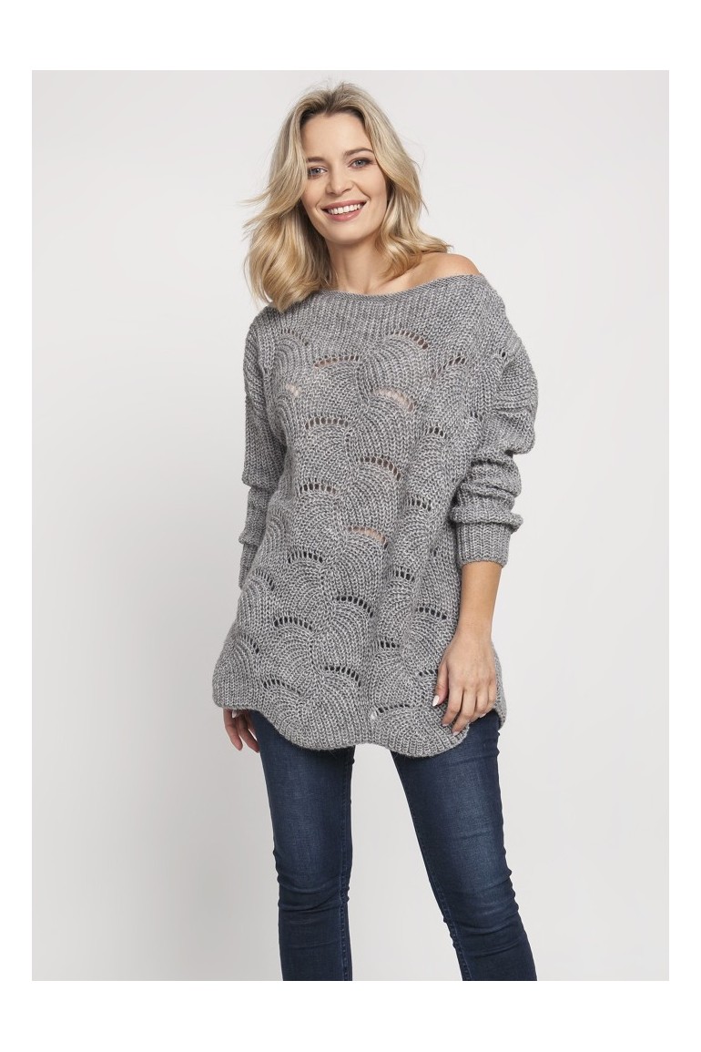 CM4676 Sweter oversize z szerokim dekoltem - szary