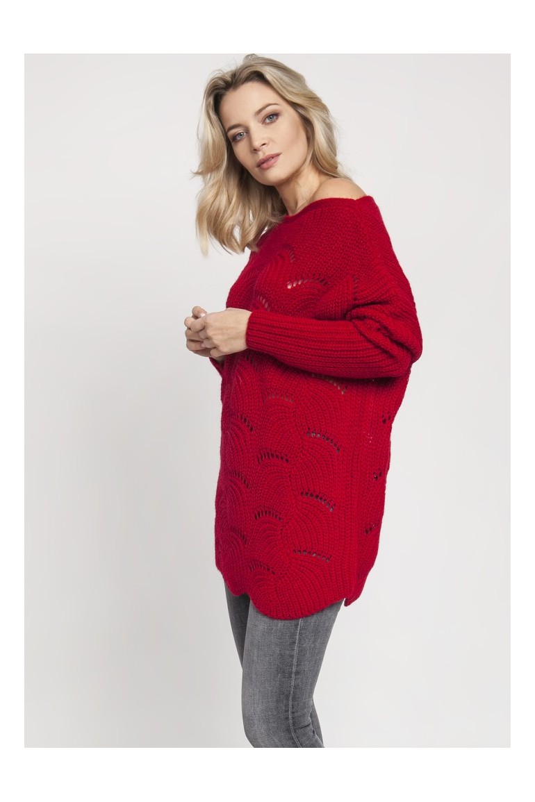 CM4676 Sweter oversize z szerokim dekoltem - czerwony