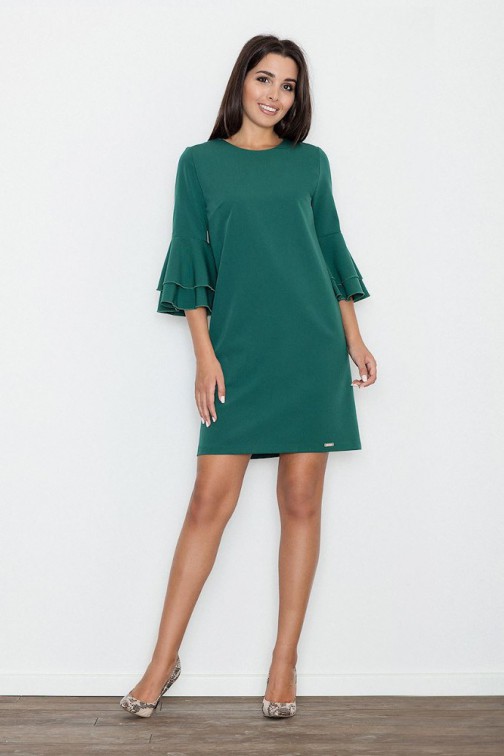CM3261 Trapezowa sukienka z rękawami w falbany - zielona