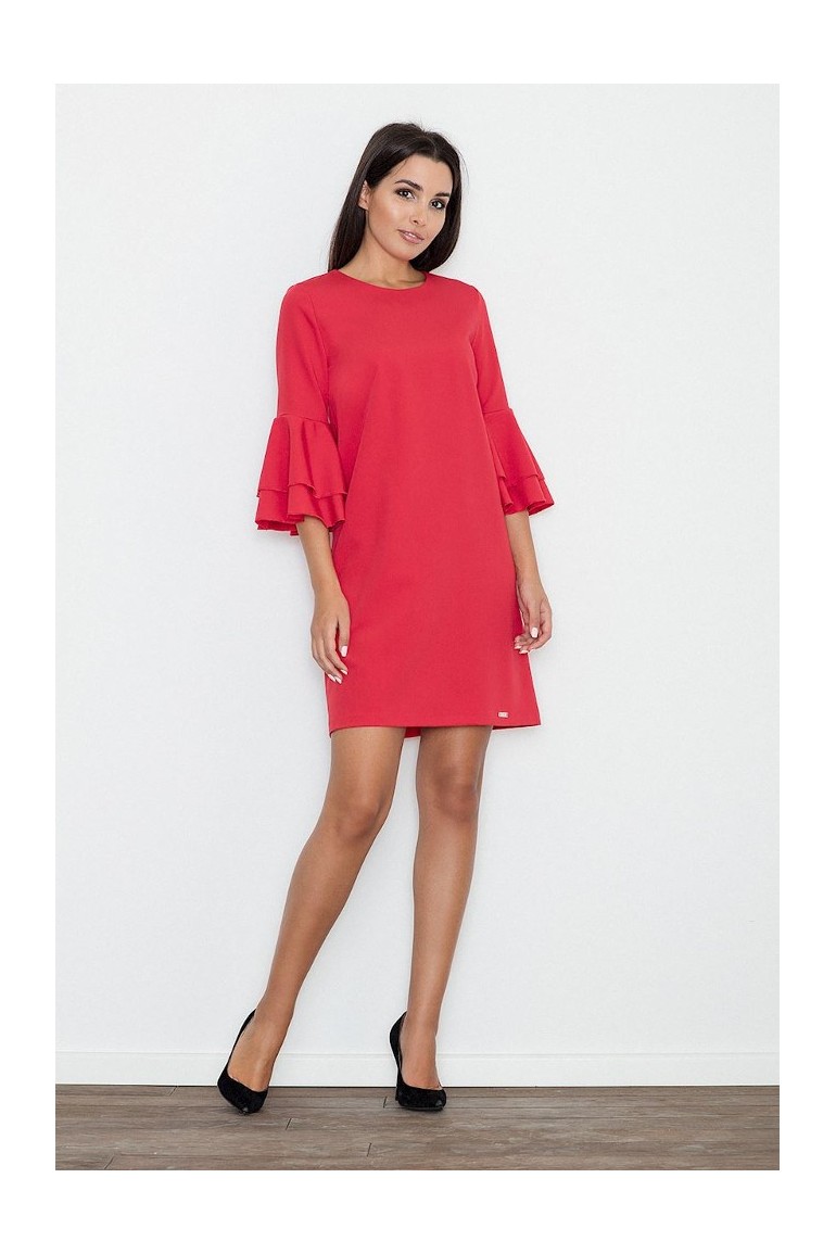 CM3261 Trapezowa sukienka z rękawami w falbany - czerwona
