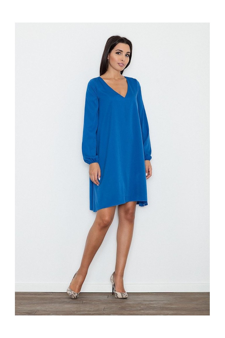 CM3263 Zwiewna trapezowa sukienka z długim rękawem - niebieska